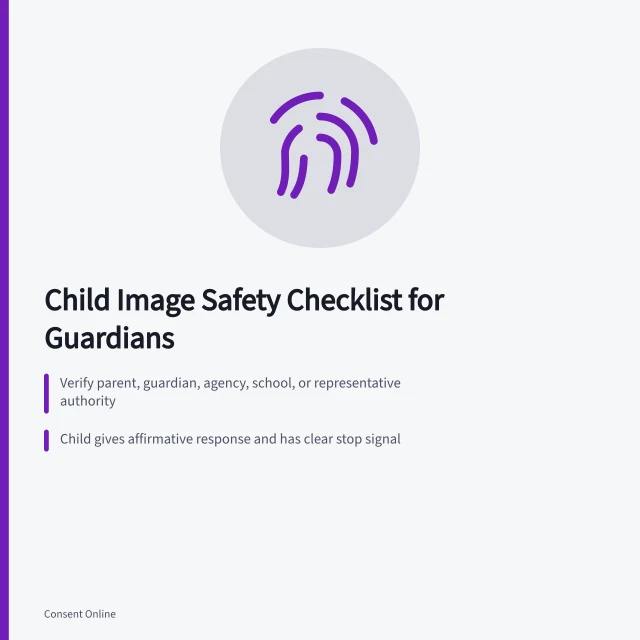 Checklist for child image safety, consent, identifiers, and withdrawal. Child, guardian, authority, purpose, location, clothing, identifiers, audience, reuse