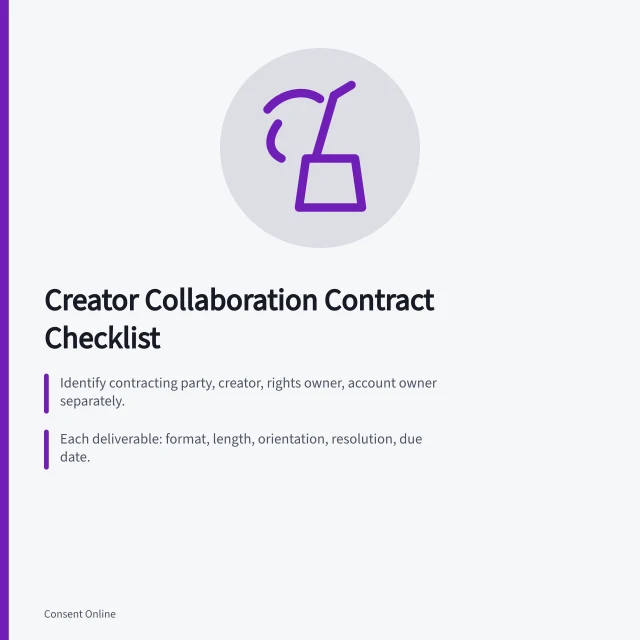 Checklist for creator collaboration contracts covering parties, deliverables, rights, approvals. Creator collaboration checklist: parties, scope, term, approval, payment and credit