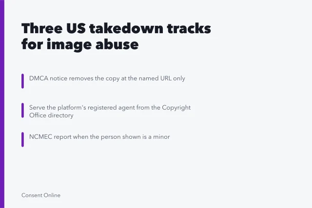 Card summarizing DMCA, state, and NCMEC reporting tracks for image abuse. How US creators file a DMCA takedown and a state revenge porn report
