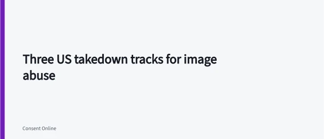 Card summarizing DMCA, state, and NCMEC reporting tracks for image abuse. How US creators file a DMCA takedown and a state revenge porn report