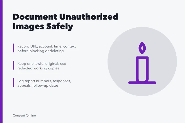 Card about documenting unauthorized images safely without spreading them further. How to document and report an unauthorized image without spreading it further