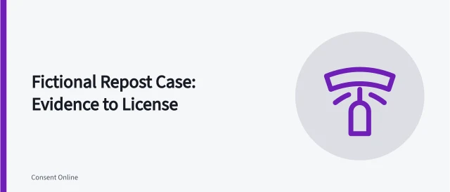 Card summarizing a fictional repost case from evidence capture to new license. Resolving a fictional repost that moved a portrait into a promotional account case
