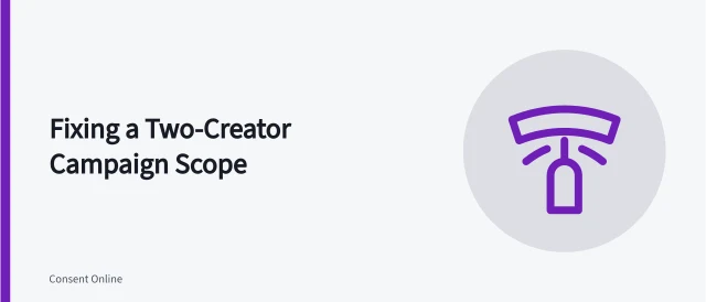 Card summarizing a two-creator campaign scope amendment and rights gaps. Repairing a fictional two-creator campaign after the usage scope changes case