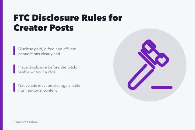 FTC endorsement guide card on creator disclosure rules. FTC endorsement guides for American creator posts and licensed image reuse