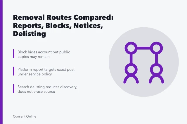 Comparison of content removal routes: reports, blocks, notices, delisting. Platform report, account block, host notice, search removal, copyright notice, privacy