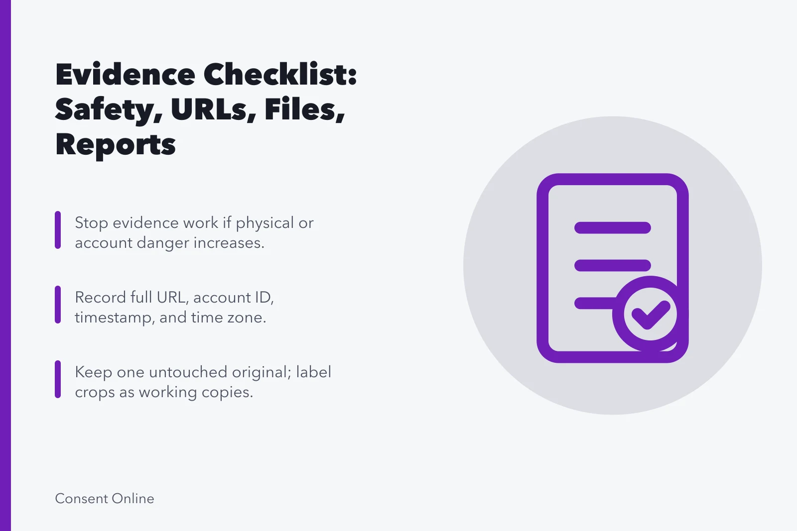 Checklist card for evidence safety, URLs, accounts, screenshots, files, reports, and retention. Safety, URL, account, timestamp, screenshot, file, report, case number, escalation, monitoring, and retention checklist