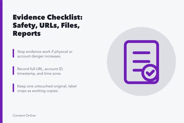 Checklist card for evidence safety, URLs, accounts, screenshots, files, reports, and retention. Safety, URL, account, timestamp, screenshot, file, report, case number, escalation, monitoring, and retention checklist