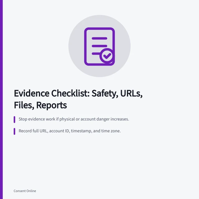 Checklist card for evidence safety, URLs, accounts, screenshots, files, reports, and retention. Safety, URL, account, timestamp, screenshot, file, report, case number, escalation, monitoring, and retention checklist