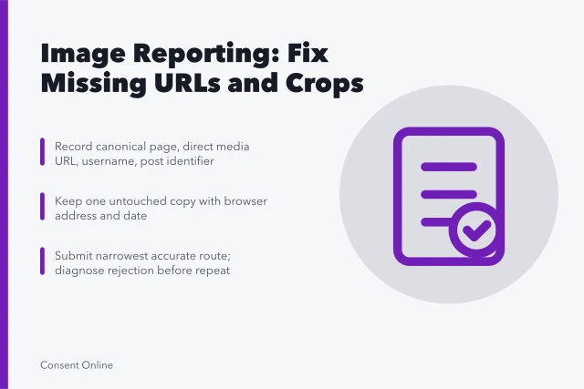 Card summarizing image reporting fixes: URLs, uncropped evidence, correct report routes. Image reporting problems: missing URLs, cropped evidence, mirrors and repeat uploads
