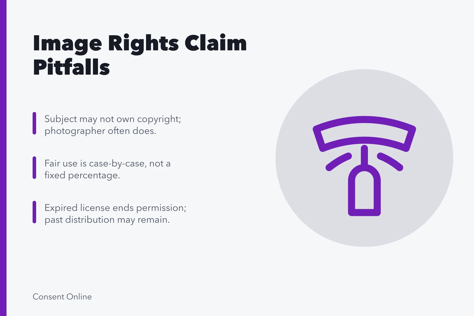 Card summarizing image rights claim pitfalls: wrong claimants, fair use, expired licenses. Image rights claim problems: common pitfalls
