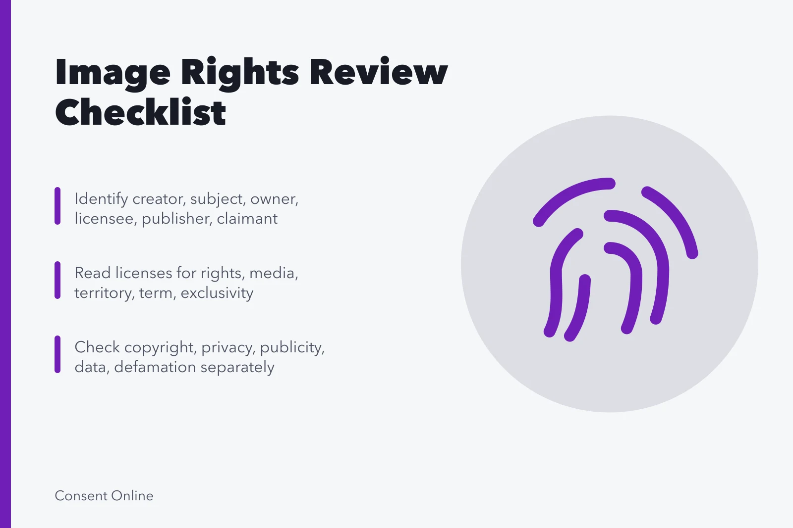 Checklist card for reviewing image rights, licenses, releases, and deadlines. Image rights review checklist: people, rights and evidence