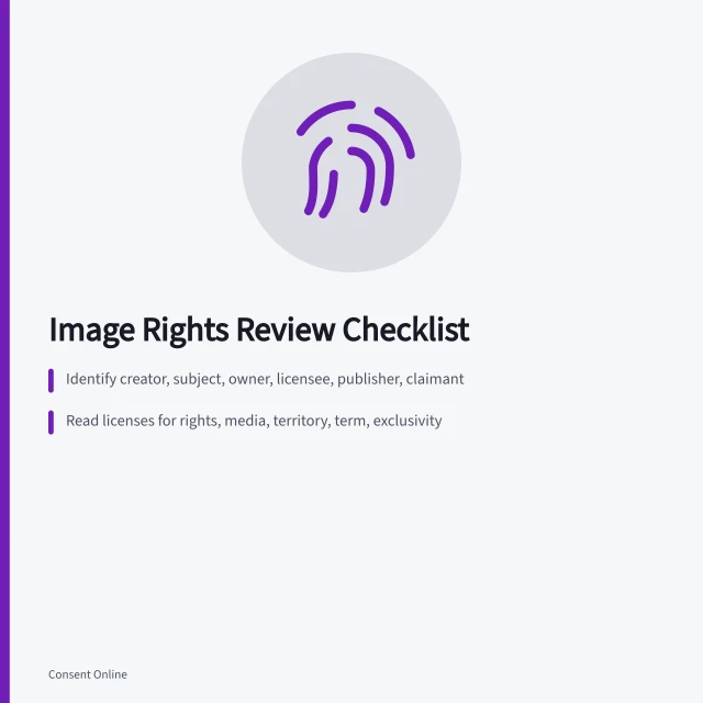 Checklist card for reviewing image rights, licenses, releases, and deadlines. Image rights review checklist: people, rights and evidence