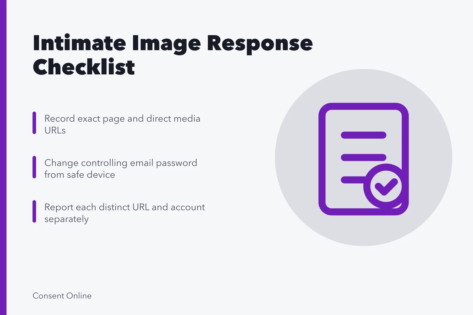 Checklist card for responding to intimate image threats safely. Intimate image response checklist: safety, evidence, platform reports and support