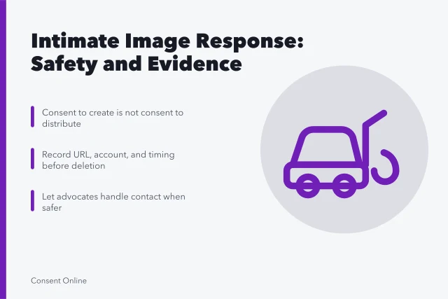 Card on intimate image response safety, evidence, and support steps. Intimate image response problems: rushed deletion, unsafe contact and false helpers