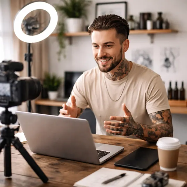 tattoo artist, online course creator, digital course, online teaching, content creator, creative professional, tattoo studio, recording video, video recording, laptop recording, on