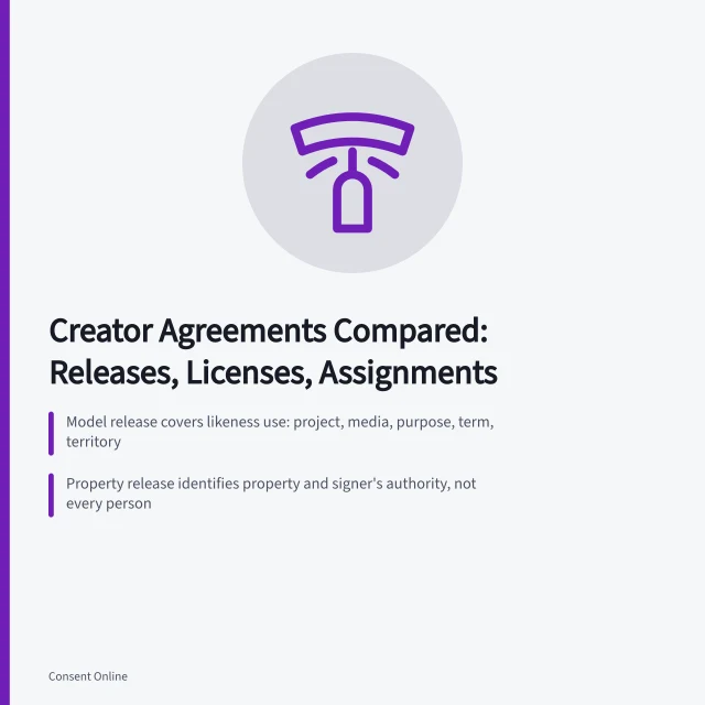 Comparison of model, property releases, content licenses, and copyright assignments. Creator agreements compared: model release, property release, license and assignment