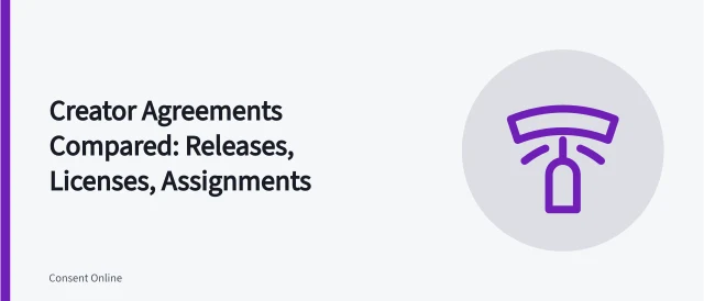 Comparison of model, property releases, content licenses, and copyright assignments. Creator agreements compared: model release, property release, license and assignment