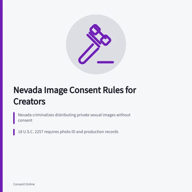 Card summarizing Nevada image consent, 2257 records, and convention release rules. Nevada nonconsensual intimate image rules and Las Vegas creator conventions