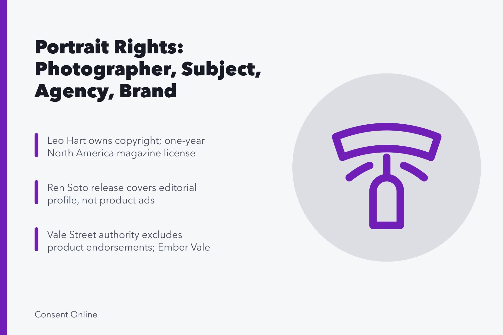 Rights table separating photographer, subject, agency, and brand claims in portrait dispute. Portrait Rights Dispute Case: A Fictional Scenario