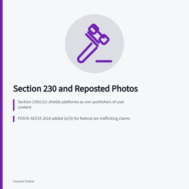 Card explaining Section 230 immunity for reposted photos and its exceptions. What Section 230 means for Americans whose photos are reposted