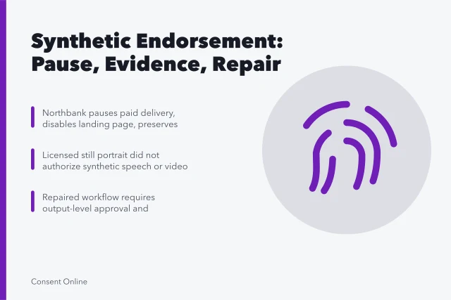 Card summarizing synthetic endorsement case: pause, evidence, and workflow repair. Stopping a fictional synthetic product endorsement built from a creator's portrait case