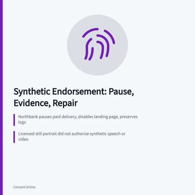 Card summarizing synthetic endorsement case: pause, evidence, and workflow repair. Stopping a fictional synthetic product endorsement built from a creator's portrait case