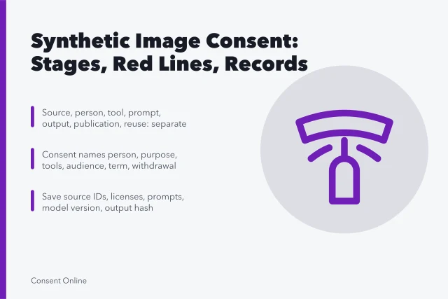 Card on synthetic image consent stages, red lines, and provenance records. Synthetic image consent guide: face swaps, voice clones, training data, prompts, disclosure, provenance