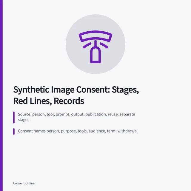 Card on synthetic image consent stages, red lines, and provenance records. Synthetic image consent guide: face swaps, voice clones, training data, prompts, disclosure, provenance