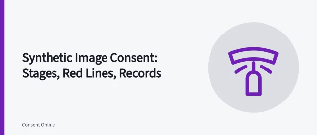 Card on synthetic image consent stages, red lines, and provenance records. Synthetic image consent guide: face swaps, voice clones, training data, prompts, disclosure, provenance