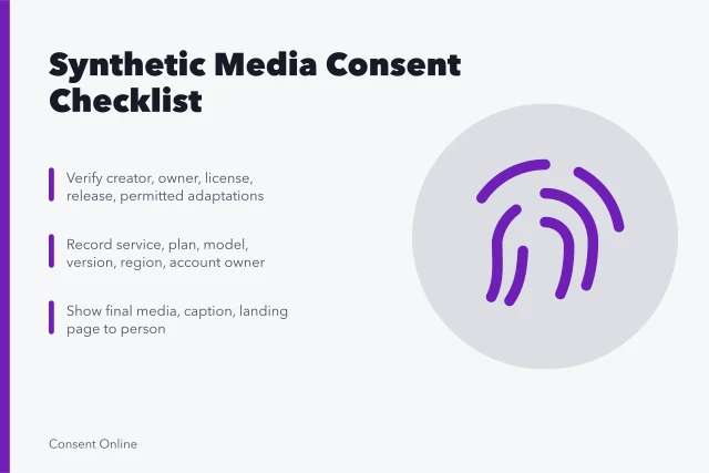 Checklist for synthetic media consent covering source, person, purpose, disclosure, removal. Synthetic media consent checklist: source, person, purpose, disclosure and removal