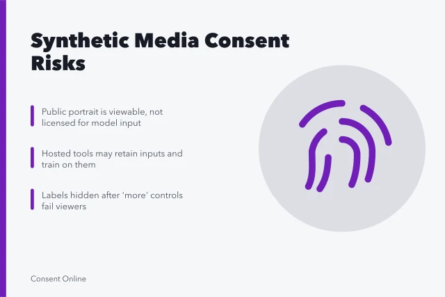 Card on synthetic media consent, scraped likenesses, hidden training, weak disclosure. Synthetic media consent problems: scraped likenesses, hidden training use and cloned endorsements