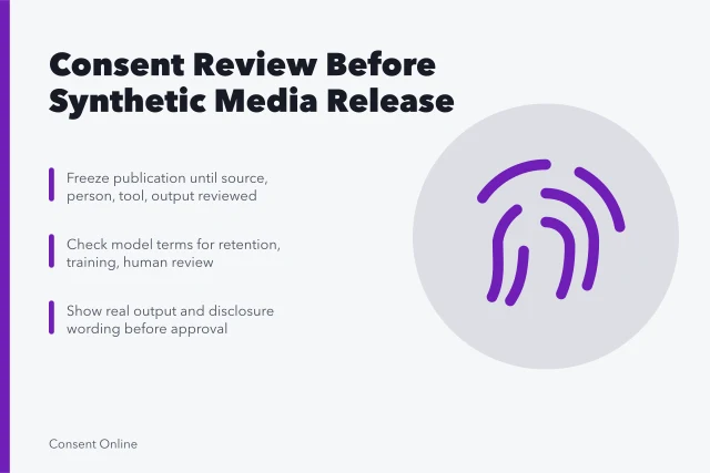 Checklist for reviewing consent before publishing synthetic media of a person. How to run a consent review before creating or publishing synthetic media of a person