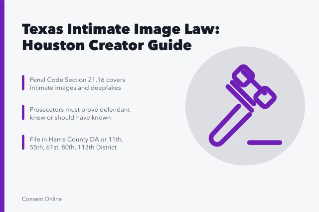 Card summarizing Texas intimate image law, deepfake provisions, and Houston court filing steps. Texas intimate image law and Houston court cases, a creator overview