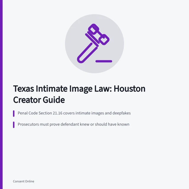 Card summarizing Texas intimate image law, deepfake provisions, and Houston court filing steps. Texas intimate image law and Houston court cases, a creator overview