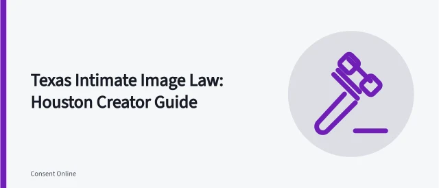 Card summarizing Texas intimate image law, deepfake provisions, and Houston court filing steps. Texas intimate image law and Houston court cases, a creator overview