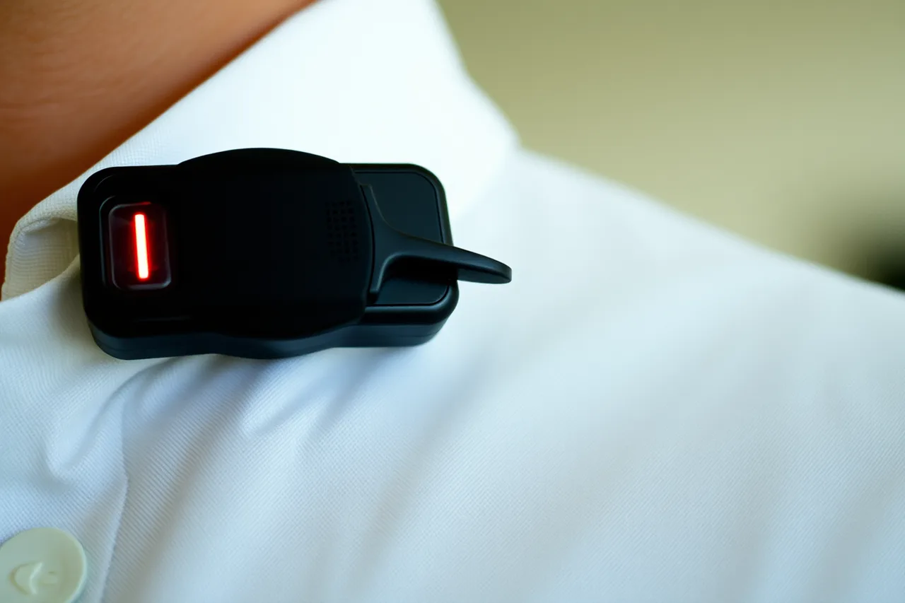 Lapel microphone clipped to a shirt collar with red recording light on (Hidden recording, unclear venue rules, captured bystanders, sensitive locations, objections, and unsafe confrontation)