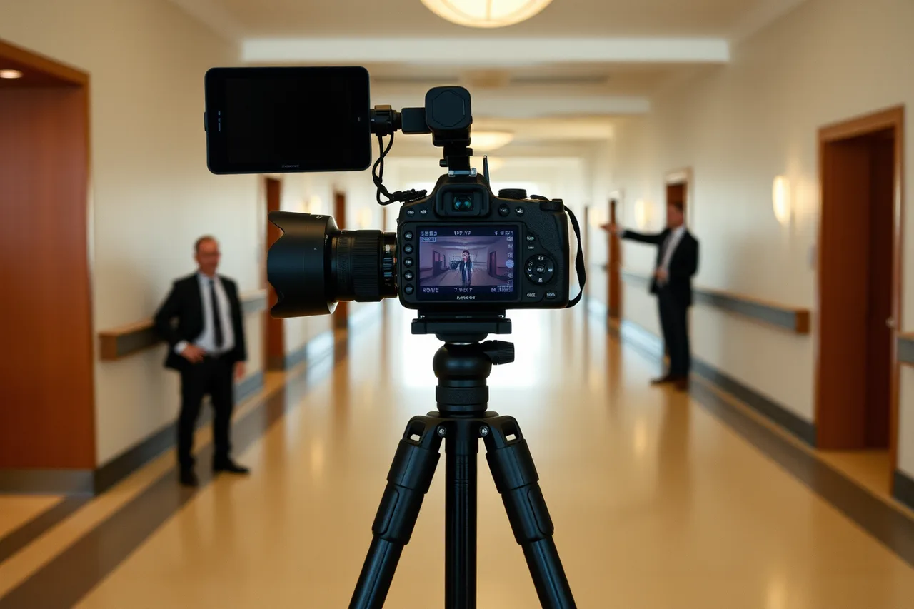 Camera tripod in a venue with security guard citing a no-tripod rule (Hidden recording, unclear venue rules, captured bystanders, sensitive locations, objections, and unsafe confrontation)